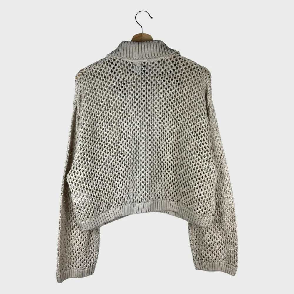 H&M Beige Open-Knit Button-Down Cardigan with Ribbed Collar - Picture 2 of 10